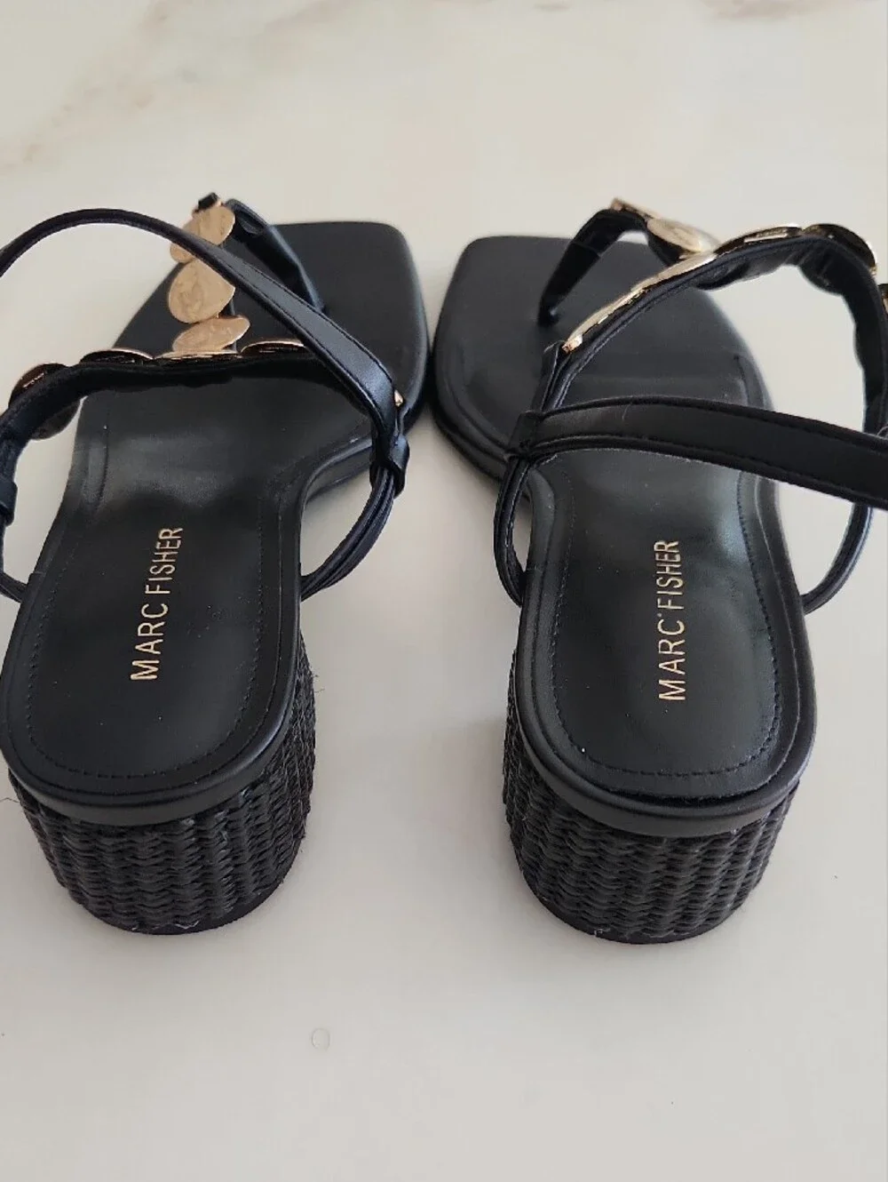 Marc Fisher Black Leather T-Strap Sandals with Hammered Gold Discs